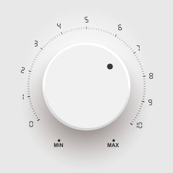 Volume button, sound control, music knob with metal texture and number scale isolated on background
