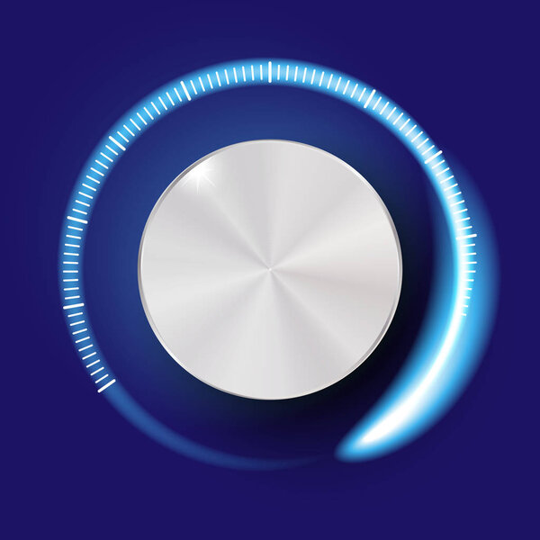 Кнопка громкости, управление звуком, музыкальная кнопка с металлической текстурой и шкалой чисел изолированы на заднем плане
