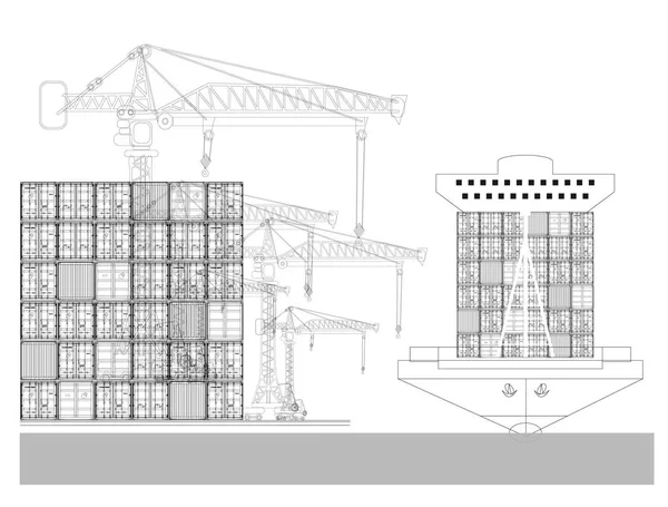 Porto marittimo, nave container, gru ad alta quota con container — Vettoriale Stock