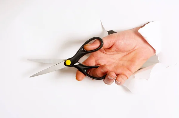 Fingers Cut Scissors Hole White Background Concept Man Hand Cutting — Stock Photo, Image