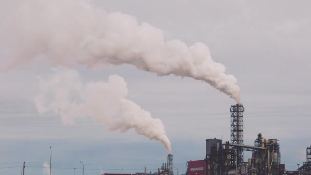 Boru kalınlığında beyaz dumanı olan sanayi bölgesi güneşin aksine fabrika borusundan dökülüyor. Çevrenin kirliliği: dumanlı bir pipo. Hava görünümü — Stok video