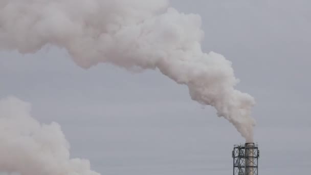 Przemysłowy strefa z rura gruby biały dym wylewam się z fabryczny rura w odróżnieniu od słońce. Zanieczyszczenie środowiska: rura z dymem — Wideo stockowe