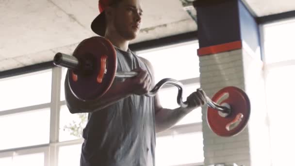 Uomo muscolare che lavora in palestra facendo esercizi con i pesi — Video Stock