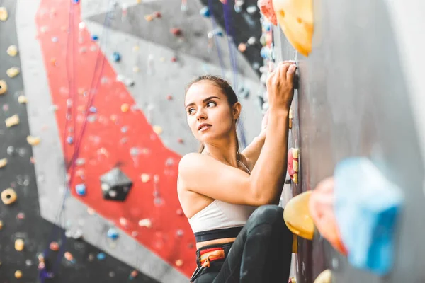 그 여자는 실내에 있는 인공 벽을 타고 가파른 바위 위를 기어오르고 있다. 극도의 스포츠와 둥그스름 한 개념 — 스톡 사진