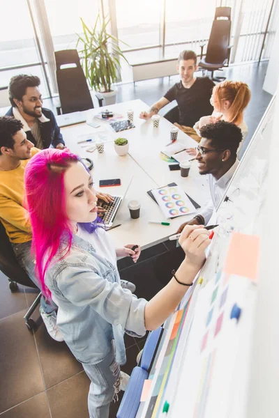 Grupo de ejecutivos multiétnicos discutiendo durante una reunión. Hombre y mujer de negocios sentados alrededor de la mesa en la oficina y sonriendo. Un equipo de jóvenes diseñadores creativos — Foto de Stock