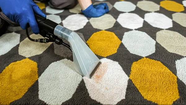 Primo piano delle persone macchia di pulizia della mano sul tappeto con spugna . — Foto Stock