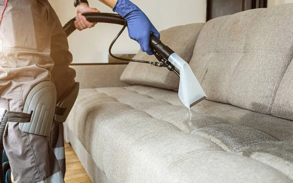 Feche a mão homem na luva de borracha protetora limpeza sofá com método de extração profissional. Limpeza regular no início da primavera. Conceito de empresa de limpeza comercial — Fotografia de Stock