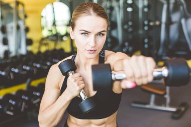 Spor salonunda halter ağırlıklarıyla çalışıyor. Spor yapan kadınlar halterleri kaldırıyor. Fitness kaslı vücut. Spor salonunda egzersiz..