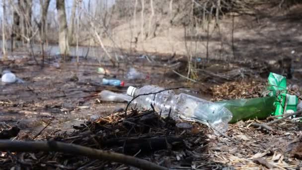 Багато пластикових пляшок на озерній воді. забруднення навколишнього середовища, мікропластик — стокове відео