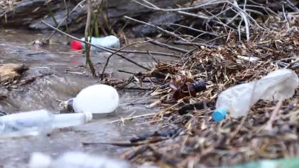 Many plastic bottle on lake water. environmental pollution, microplastic — Stock Video