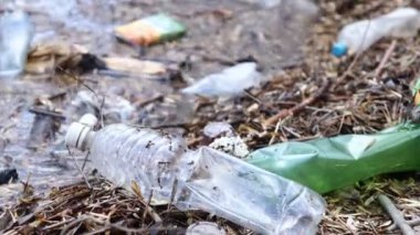 Göl suyunda bir sürü plastik şişe var. Çevre kirliliği, mikro plastik