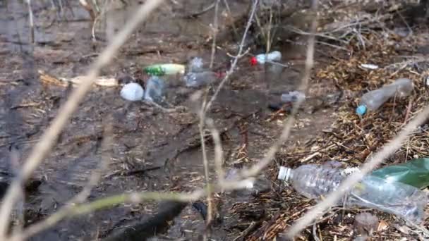 호수에 있는 물에는 플라스틱 병 이 많이 있습니다. 환경 오염, 마이크로 플라스틱 — 비디오