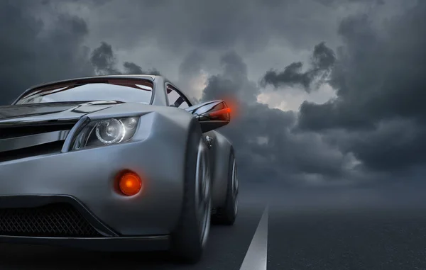 Темно Срібний Пасажирський Автомобіль Рухається Вечірній Трасі Серед Хмар — стокове фото