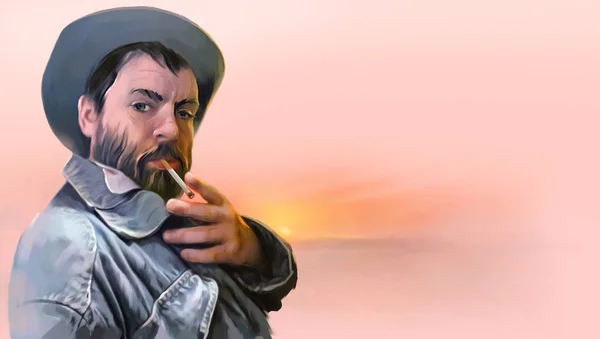 A man with a beard and a hat smoking a cigarette against the background of the sunrise
