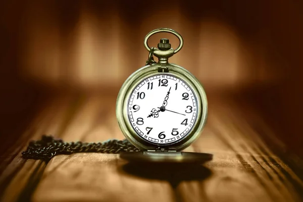 Vintage Pocket Watch Wooden Background Selective Focus — Stock Photo, Image