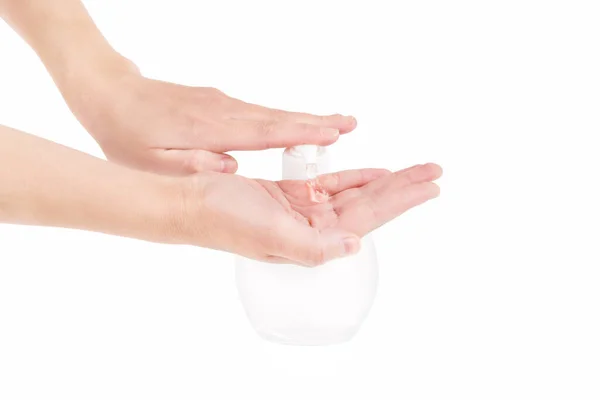 Female Hands Pumping Antibacterial Gel Out Dispenser Bottle Wash Hands — Stock Photo, Image