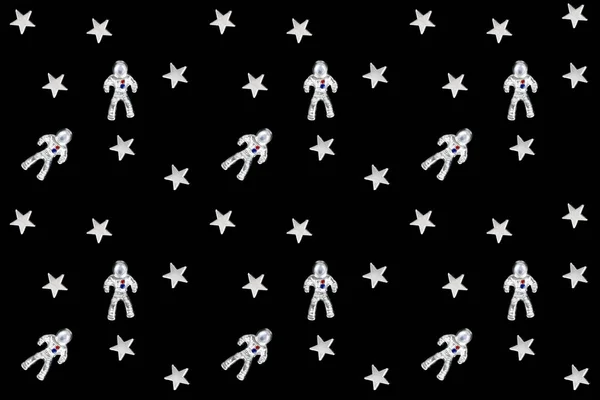 Seamless Pattern Made Silver Astronauts Stars Black — Stock Photo, Image