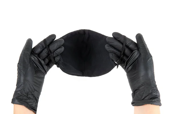 Les Mains Féminines Gants Jetables Noirs Tiennent Masque Réutilisable Noir — Photo