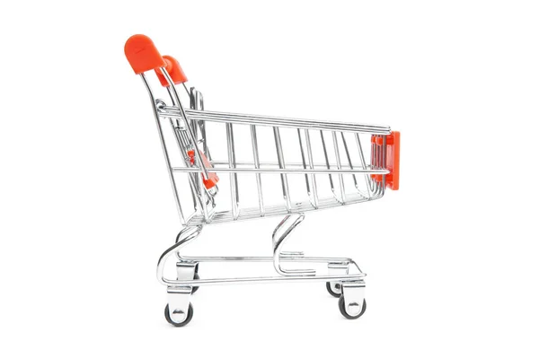 Empty Miniature Shopping Cart Isolated White Close Shot Side View — Stock Photo, Image