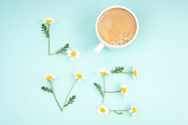 Yaratıcı romantik kompozisyon, papatya çiçeklerinin aşkı ve açık mavi arka planda bir kahve fincanı oluşturuyor. Canlı ve taze aşk kupası konsepti. İlişki tazeleme fikri.