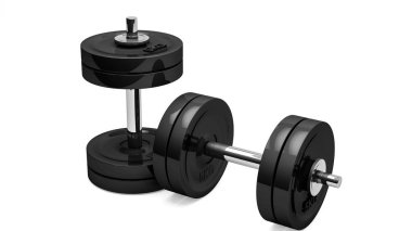 3drenajlı, gerçekçi, siyah ve krom renkli iki halterli, beyaz arkaplanda izole edilmiş..