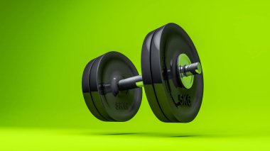 3d Renklendirme, perspektif tarafında gerçekçi parlak dambıl, sarı yeşil arkaplanda izole edilmiş krom ve siyah doku.