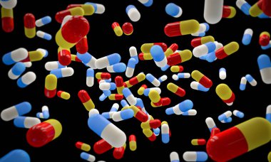 3D Rending, Gerçekçi Mavi ve Beyaz, kırmızı ve sarı hap kapsülleri havada süzülüyor, seçici bir odak ile, siyah arka planda izole.