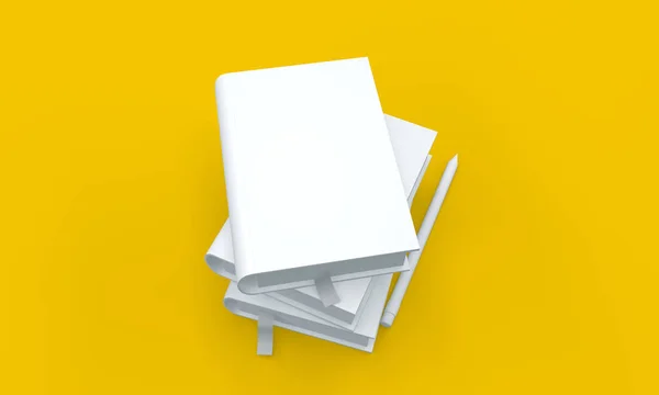 Zole Edilmiş Sarı Arkaplanda Hazırlama Beyaz Kitaplar Kalem Boş Modelleri — Stok fotoğraf