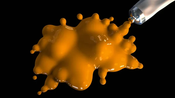3D görüntüleme, yakın plan sarı su rengi gümüş tüpten sıçramış, siyah arkaplanda izole edilmiş..