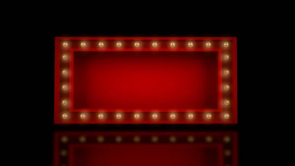 Etrafında sarı ampuller, boş uzay reklamı, parlak ve yansıtıcı zemin, siyah arkaplan..