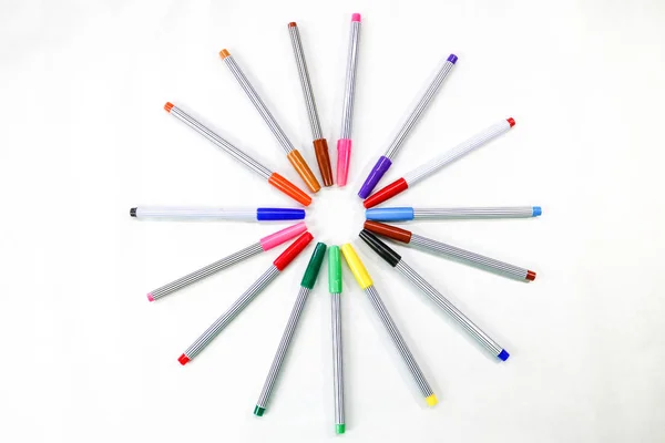 Colorido Bolígrafos Color Configuración Disposición Del Círculo Espacio Blanco Para — Foto de Stock