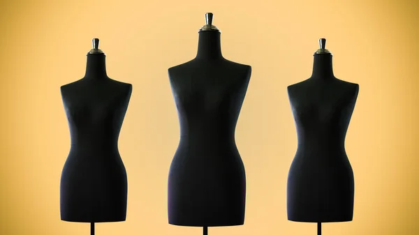 Siyah elbiseli mankenler, model modeller, sarı arka planda izole edilmiş..