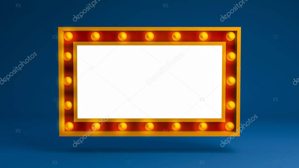 3D Rendering,Realistic frame mock-up with the yellow bulbs color on dark blue background,Empty space template for advertisement, theater theme concept.