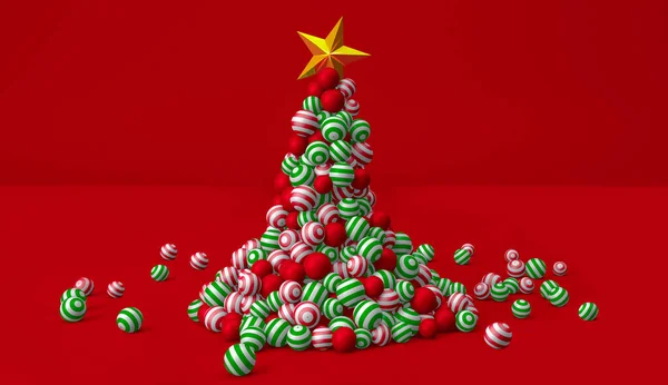 Rendering Abstract Christmas Tree Red Green Striped Ball Golden Star — Stock Photo, Image