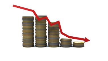 3D görüntüleme, kırmızı oklarla istiflenmiş altın ve gümüş paranın gerçekçi bir kopyası, kötü iş ve ticaret sembolleri kavramı, beyaz arka planda izole edilmiş..