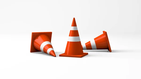 Rendering Realistic Mock Three Traffic Cones Standing Falling Side Isolated — 스톡 사진