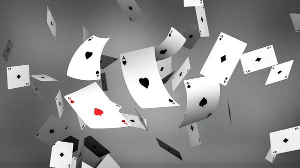 3D Hazırlama, Poker kartları oynama sahnesi Gri arka planda uçan ve düşen aslar.