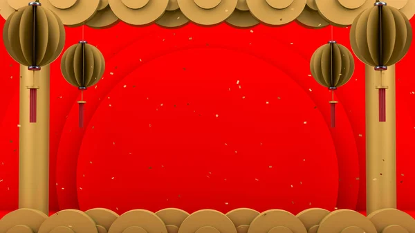 3D yorumlama, altın dekorasyonlu gerçekçi geleneksel Çin kırmızı sahne tasarımı ve kopya için boş alan, Çinli ünlüler konsepti, arka plan için soyut tasarım.