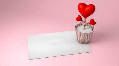 3D Rendering, Abstract mock-up of Valentine plant and the craft paper red dot pot with blank card paper for text copy, Valentine decorative greeting card idea design and concept on pink background. 