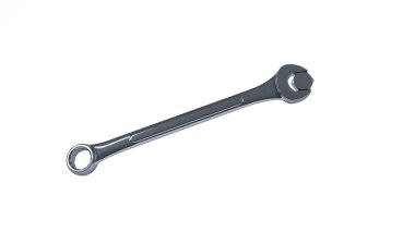 3D rendering, Realistic mock-up wrench spanner and nut, close up shot, shiny reflection, isolated on white background.