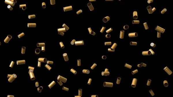 3D Rendering, Realistic close up the flying golden shells of bullets isolated on black background.
