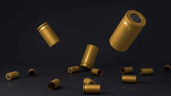 3D Rendering, Close up the realistic of shells bullets falling on the floor, darkness black background.
