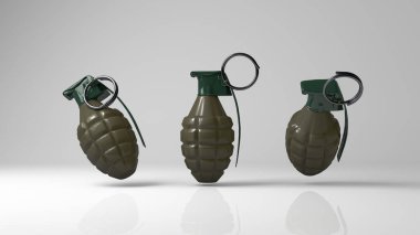 3D rendering, Mock up of three grenades on different side, with shiny reflection background. clipart
