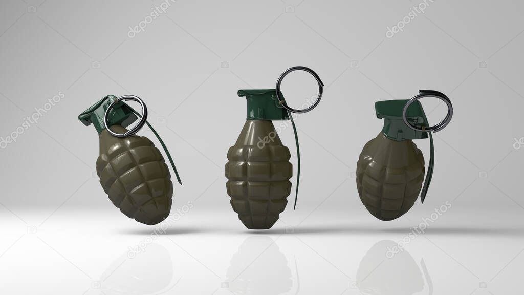 3D rendering, Mock up of three grenades on different side, with shiny reflection background.