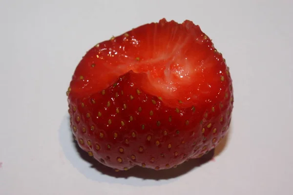 Bitten Strawberry White Real Background — Stock Photo, Image