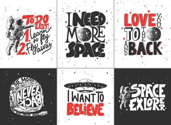 Bir set vektör oymalı stil posterleri, dekorasyon ve tişört tasarımı. Uzayın, UFO 'nun, Ay gezegeninin ve modern harflerle çizilmiş astronotların el çizimleri. Ayrıntılı vintage oyma biçimi. 