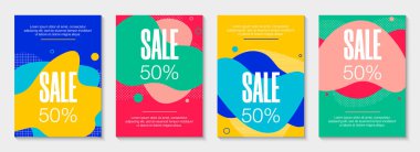 4 soyut modern grafik sıvı pankart seti. Dinamik dalgalar farklı Memphis renkli sıvı formları. Akan sıvı şekilli izole şablonlar. Özel teklif, broşür veya sunum için.