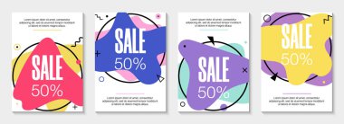 4 soyut modern grafik sıvı pankart seti. Dinamik dalgalar farklı Memphis renkli sıvı formları. Akan sıvı şekilli izole şablonlar. Özel teklif, broşür veya sunum için.