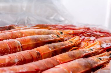 İnanılmaz taze donmuş karidesler. Pembe taze pişmemiş karidesler. Yakın plan. Tezgahta donmuş deniz mahsullerinin ambarlara teslimatı. Lezzetler, deniz ürünleri konsepti..