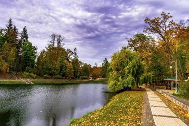 Parktaki tuğla yolu ve gölet.